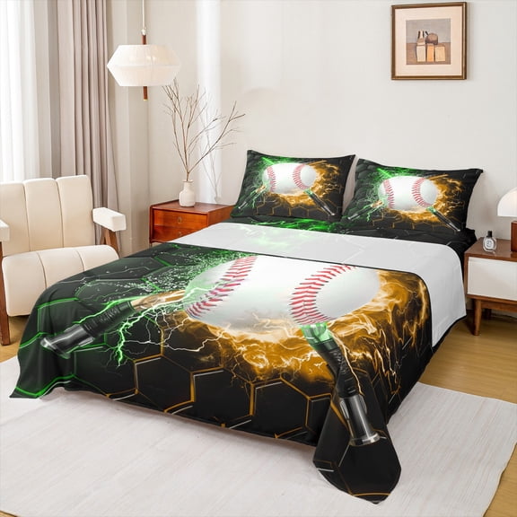 Feelyou Baseball Sports Boys Twin Sheet Sets, Green Yellow Lightning Twin Fitted Sheet, Neon Gradient Honeycomb Flat Sheet, Lightweight Room Decor, 3 Pieces