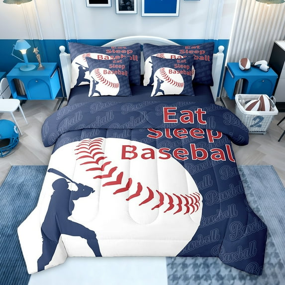 Feelyou Baseball Sports Kids Bedding Comforter Set 7 Pieces, Vintage Football Lover Full Bedding Set, Navy Red Stripes Reversible Fitted Sheet Flat Sheet, Super Cozy Room Decor