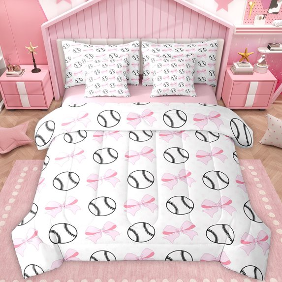 Feelyou Baseball Sports Kids Bedding Comforter Set 7pcs, Cute Princess Bow-tie Queen Bedding Sets, Kawaii Cartoon Theme Reversible Queen Sheet Sets, Lightweight Room Decor