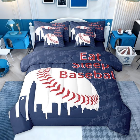 Feelyou Baseball Sports Kids Bedding Comforter Set 7pcs, Vintage Football Lover King Bedding Sets, Blue Red Stripes Reversible Bed Sheets, Microfiber Bedroom Decor