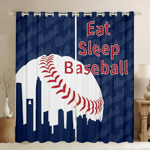 Feelyou Baseball Sports Kids Black Out Curtains, Vintage Football Lover Curtains Pack of 2 (42x63 Each), Blue Red Stripes Bedroom Curtains, Window Curtains Decor