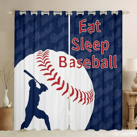Feelyou Baseball Sports Kids Black Out Curtains, Vintage Football Lover Curtains Pack of 2 (42x63 Each), Navy Red Stripes Bedroom Curtains, Black Out Curtains Decor