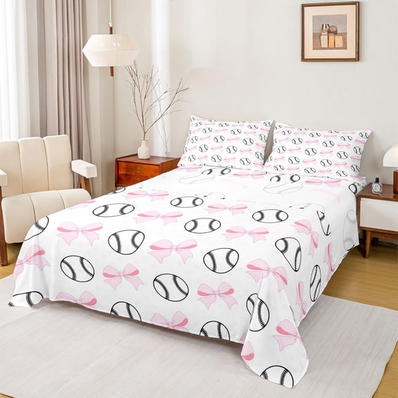 Feelyou Baseball Sports Kids Twin Sheet Sets, Cute Princess Bow-tie Twin Fitted Sheet, Kawaii Cartoon Theme Flat Sheet, Lightweight Room Decor, 3-Piece