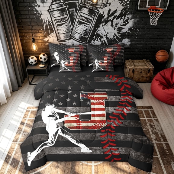 Feelyou Baseball USA Letter J Twin Bedding for Boys, Vintage Flag Stripes Bedding Comforter Set, Red Black, Black Reversible, 7pcs
