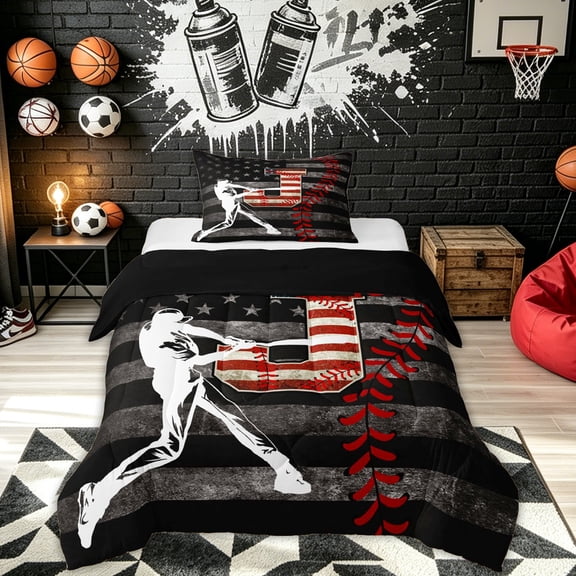 Feelyou Baseball USA Letter J Twin Comforter Sets for Boys, Vintage Flag Stripes 02, Red Black, Black Reversible, 2pcs, 1 Comforter and 1 Pillowcase