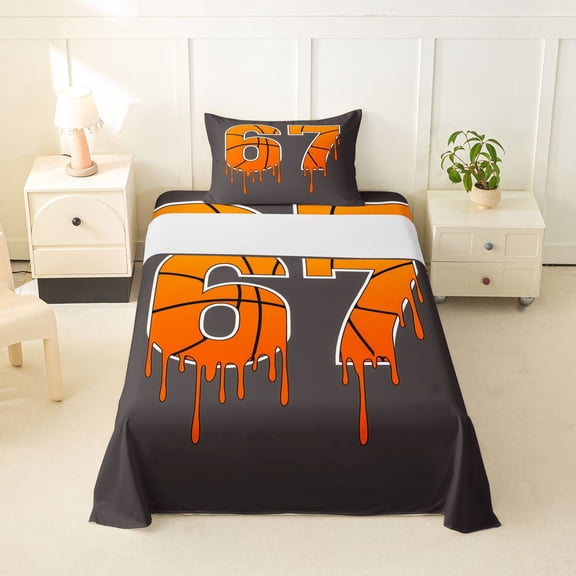 Feelyou Basketball 67 Drip Twin Sheets for Kids, Ice Cream Sport Number Bedding, Orange Brown, 3-Piece, 1 Flat Sheet, 1 Fitted Sheet and 1 Pillowcase