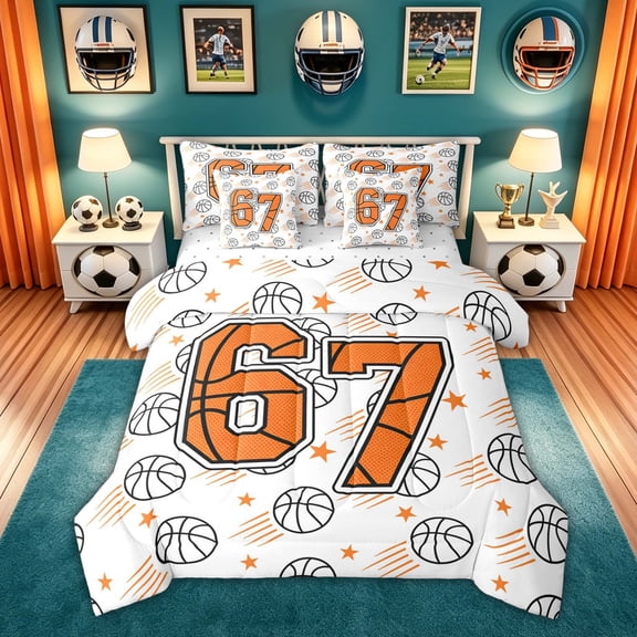 Feelyou Basketball 67 Number Twin Bedding for Boys, Kawaii Orange Star Bedding Comforter Set, Reversible, 7pcs