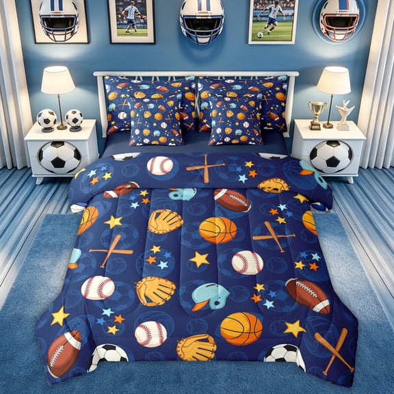 Feelyou Basketball Baseball Sport Twin Bedding for Boys, Cartoon Stars Print Bedding Comforter Set, Navy, Blue Reversible, 7-Piece