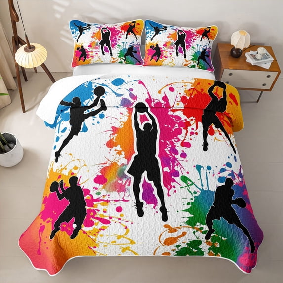Feelyou Basketball Silhouette Bed Spread Queen for Boys, Graffiti Splash Art Queen Coverlet Set, 3 Pieces