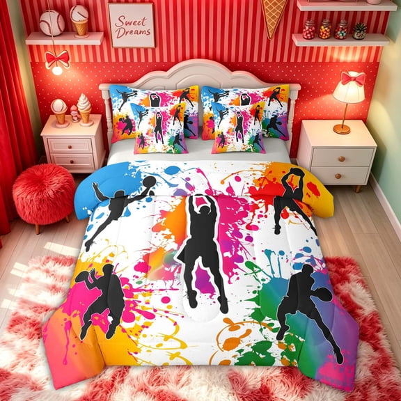 Feelyou Basketball Silhouette Twin Bedding for Boys, Graffiti Splash Art Bedding Comforter Set, Grey Reversible, 7 Pieces