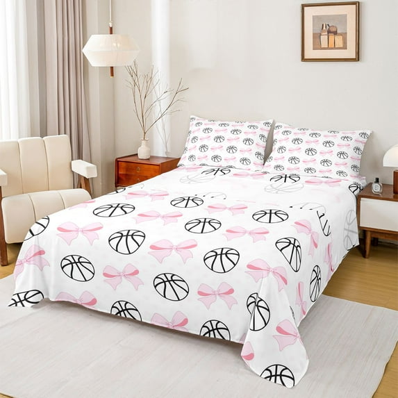 Feelyou Basketball Sports Kids Twin Sheet Sets, Cute Princess Bow-tie Twin Fitted Sheet, Kawaii Cartoon Theme Flat Sheet, Ultra Soft Bedroom Decor, 3-Piece