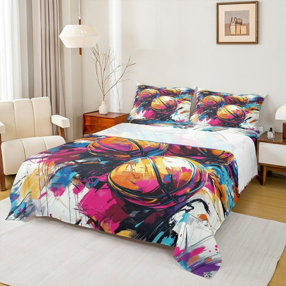 Feelyou Basketball Sports Teens Bed Sheets, Splash Watercolor King Sheets, Simple Graffiti Style Sheet Set, Microfiber Bedroom Decor, 4-Piece
