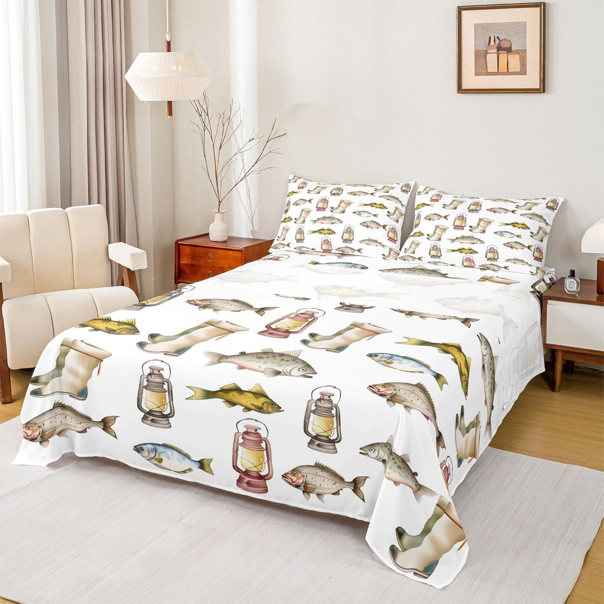 Feelyou Bass Fish Animal Queen Sheet Sets, Farmhouse Fishing Teen Bed ...