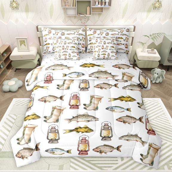 Feelyou Bass Fish Animal Twin Bedding Sets 7pcs, Farmhouse Fishing Bedding Comforter Set