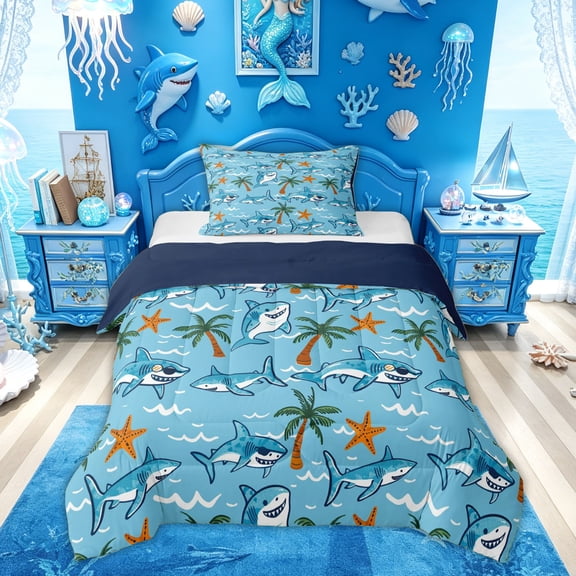 Feelyou Beach Vacation Shark Starfish Twin Comforter Sets for Kids Boys Girls, Summer Palm Tree Bedding Set, Blue, Blue Reversible, 2pcs