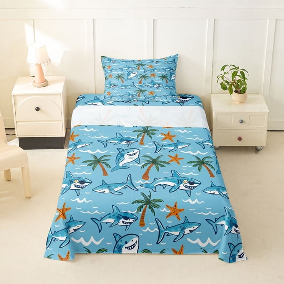 Feelyou Beach Vacation Shark Starfish Twin Sheet Sets for Kids Boys Girls, Summer Palm Tree Bedding, Blue, 3pcs