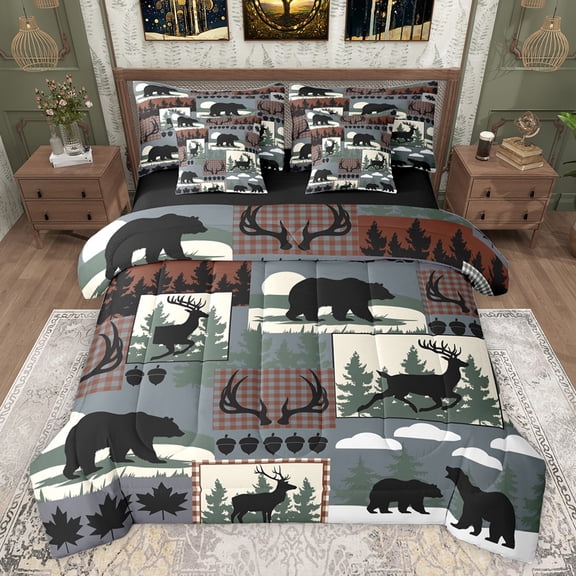 Feelyou Bear Animal Print Bedding Comforter Set 7pcs, Blue Patchwork Buffalo King Bedding Sets, Rustic Farmhouse Reversible Bed Sheets, Microfiber Bedroom Decor