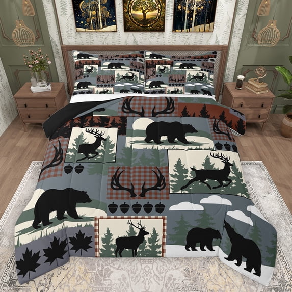 Feelyou Bear Animal Print Bedding Comforter Set, Blue Patchwork Buffalo Twin Comforter Sets, Rustic Farmhouse Reversible Bedding Set, Microfiber Bedroom Decor, 2pcs