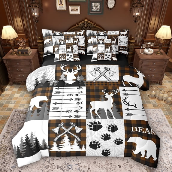 Feelyou Bear Deer Bedding Comforter Set 7pcs, Brown Patchwork Plaid King Bedding Sets