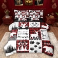 thumbnail image 1 of Feelyou Bear Deer Bedding Comforter Set 7pcs, Red Patchwork Plaid Queen Bedding Sets, 1 of 8