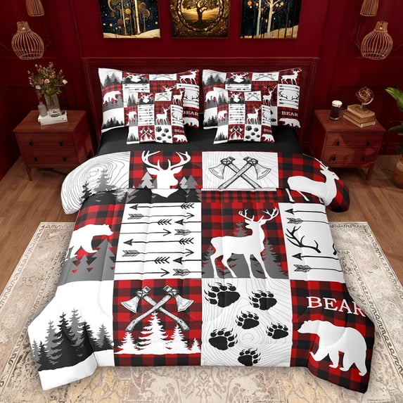 Feelyou Bear Deer Bedding Comforter Set 7pcs, Red Patchwork Plaid Queen Bedding Sets