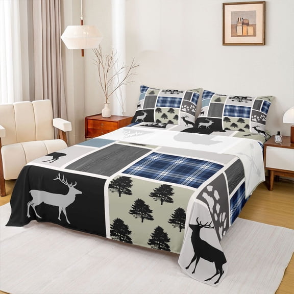 Feelyou Bear Deer Print Queen Sheet Sets for Teen, Jungel Pine Tree Flat Sheet, Patchwork Buffalo Queen Fitted Sheet, Microfiber Bedroom Decor, 4pcs