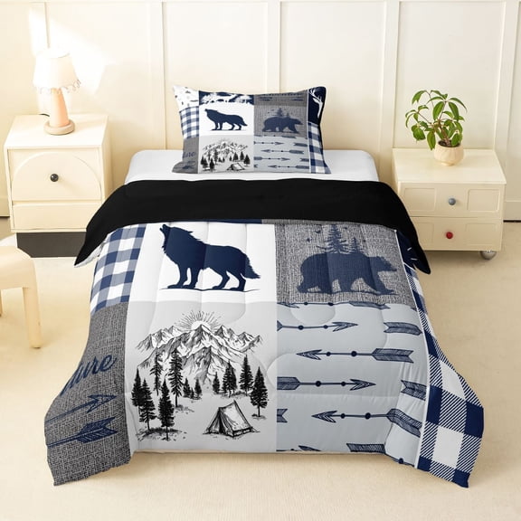 Feelyou Bear Wolf Twin Comforter Sets, Rustic Hunting Bedding Set, 2 Pieces