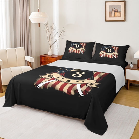 Feelyou Billiards Sport Kid Queen Sheet Sets, Cartoon Stars Print Flat Sheet, Vintage American Flag Queen Fitted Sheet, Breathable Home Decor, 4-Piece
