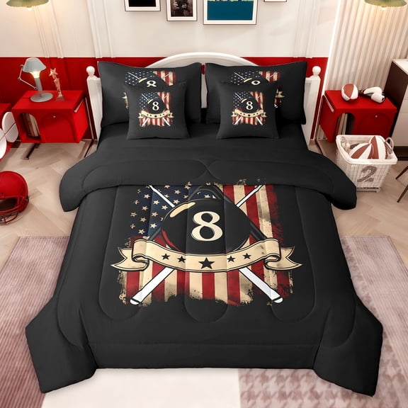 Feelyou Billiards Sport Kid Twin Bedding Sets 7-Piece, Cartoon Stars Print Bedding Comforter Set, Vintage American Flag Reversible Sheet Sets, Breathable Home Decor