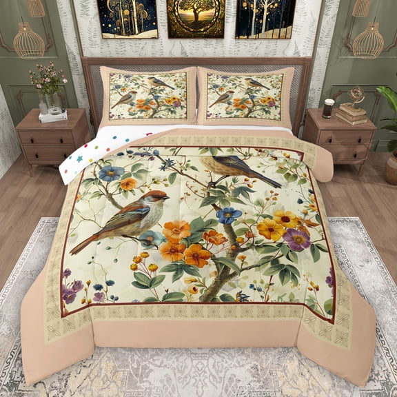 Feelyou Bird Flower Twin Comforter Sets, Retro Chinese Bedding Set, 2 Pieces