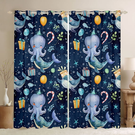 Feelyou Birthday Party Sea Animal Curtains Pack of 2 (42x84 Each) for Kids Boys Girls, carton Ocean Wildlife Curtains Blackout, Navy