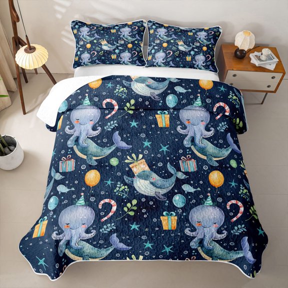 Feelyou Birthday Party Sea Animal Twin Quilt Set for Boys Girls, carton Ocean Wildlife Twin Coverlet Set, Navy, 2 Pieces