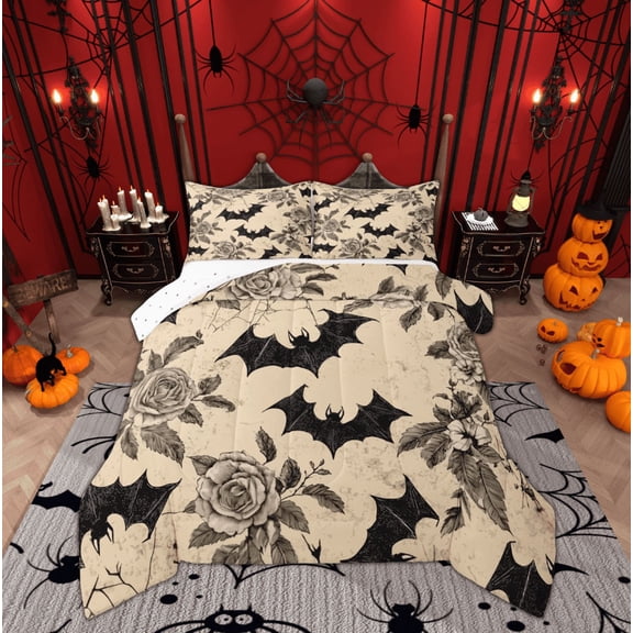 Feelyou 2pcs Black Bat Twin Comforter Set, Retro Rose Halloween Bedding Sets