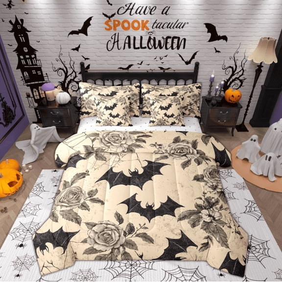 Feelyou Black Bat Animal Bedding Comforter Set 7pcs, Retro Romantic Rose King Bedding Sets, Halloween Theme Reversible Bed Sheets, Ultra Soft Home Decor