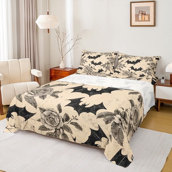 Feelyou Black Bat Animal Twin Sheet Sets, Retro Romantic Rose Twin Fitted Sheet, Halloween Theme Flat Sheet, Ultra Soft Home Decor, 3pcs
