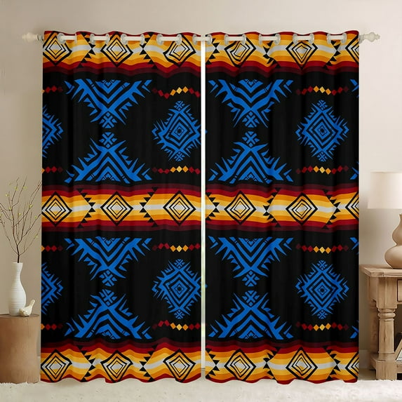 Feelyou Black Blue Aztec Curtains Pack of 2 (42x84 Each) for Women, Retro Western Bohemian Curtains Blackout, Hippie Tribal Abstract Bedroom Curtains, Window Curtains Home Decor