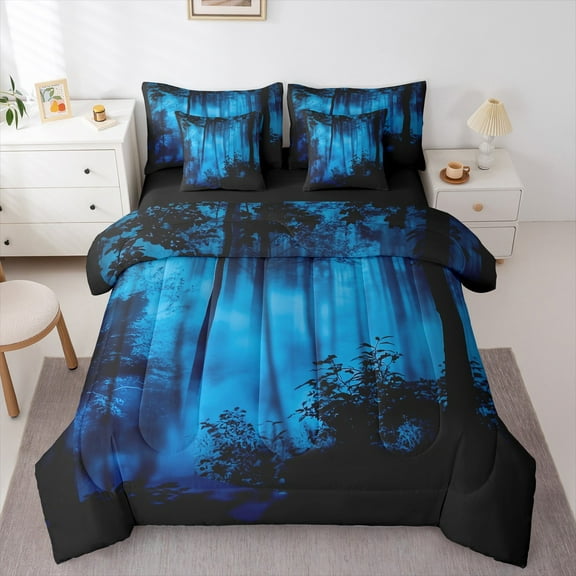 Feelyou Black Blue Pine Tree Bedding Comforter Set 7-Piece, Jungle Plant Botanical King Bedding Sets, Nature Scenery Print Reversible Bed Sheets, Lightweight Room Decor
