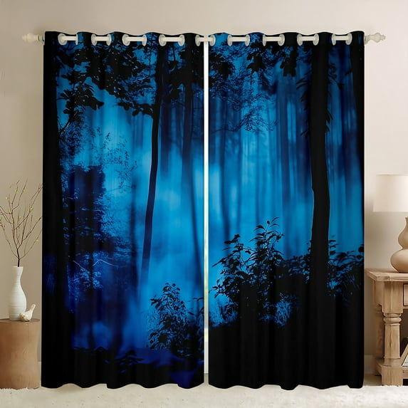 Feelyou Black Blue Pine Tree Black Out Curtains, Jungle Plant Botanical Curtains Pack of 2 (42x63 Each), Nature Scenery Print Bedroom Curtains, Blackout Curtains Room Decor