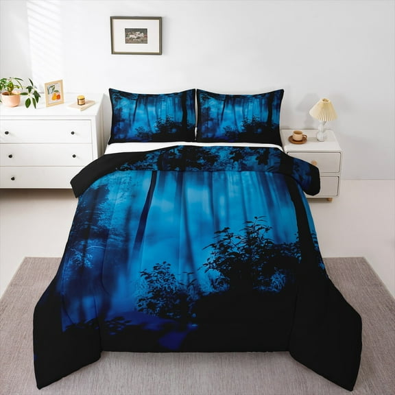 Feelyou Black Blue Pine Tree Queen Comforter Set, Jungle Plant Botanical Bedding Sets, Nature Scenery Print Reversible Bedding Comforter Set, Lightweight Room Decor, 3 Pieces