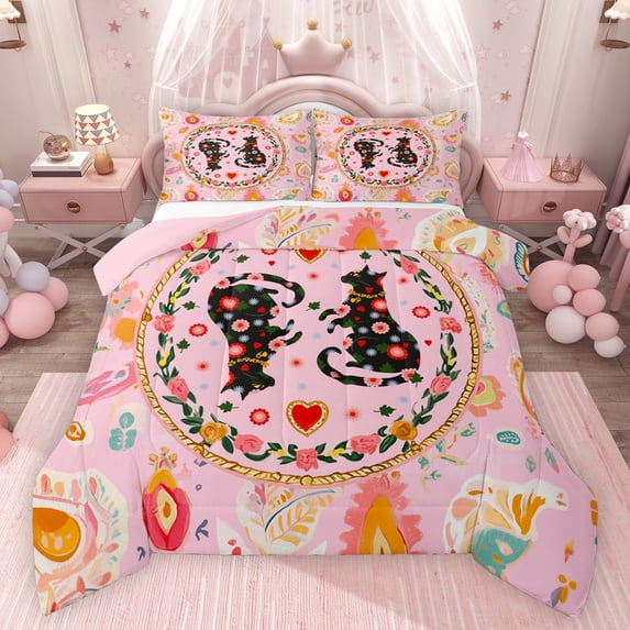 Feelyou Black Boho Cat Twin Comforter Sets, Pink Cartoon Flower Bedding Set, 2-Piece