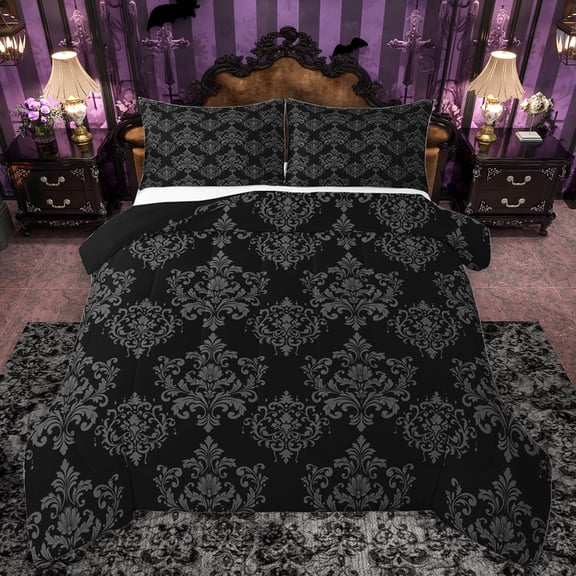 Feelyou Black Boho Damask Bedding Comforter Set for Adult, Vintage Western Flower Twin Comforter Sets, Hippie Mandala Style Reversible Bedding Set, Microfiber Bedroom Decor, 2pcs