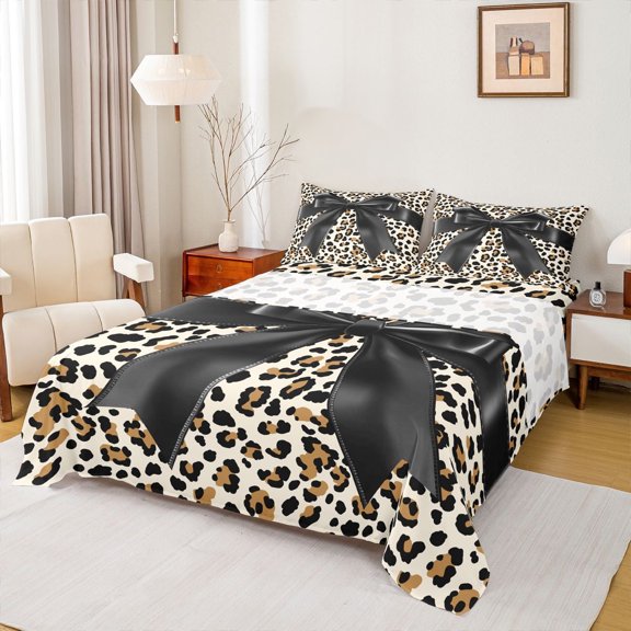 Feelyou Black Bowknot Ribbon Full Size Sheets, Leopard Cheetah Print Bed Sheets, 4-Piece
