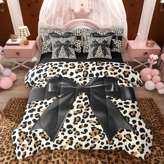 Feelyou Black Bowknot Ribbon Twin Bedding Sets 7pcs, Leopard Cheetah Print Comforter Set