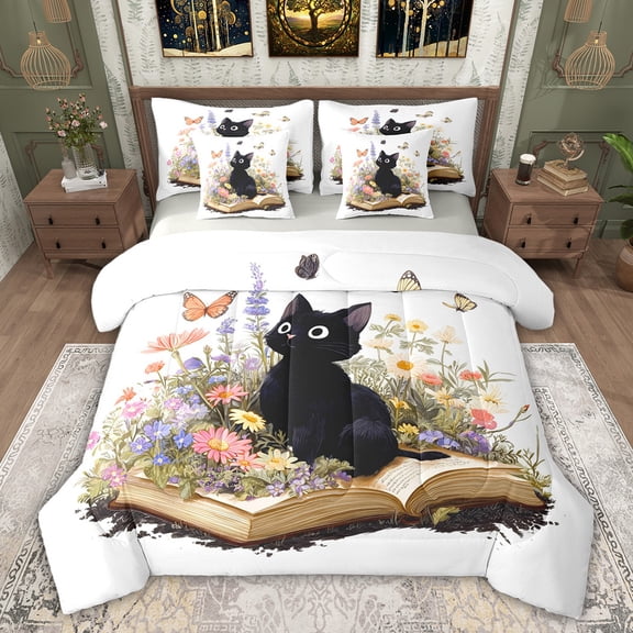 Feelyou Black Cat Kids Bedding Comforter Set 7 Pieces, Kawaii Cartoon Kitten Full Bedding Set, Rustic Groovy Flower Reversible Fitted Sheet Flat Sheet, Ultra Soft Bedroom Decor