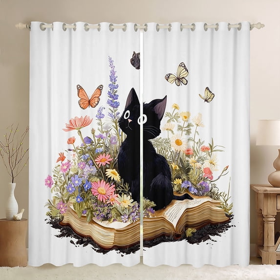 Feelyou Black Cat Kids Black Out Curtains, Kawaii Cartoon Kitten Curtains Pack of 2 (42x63 Each), Rustic Groovy Flower Bedroom Curtains, Living Room Curtains Decor
