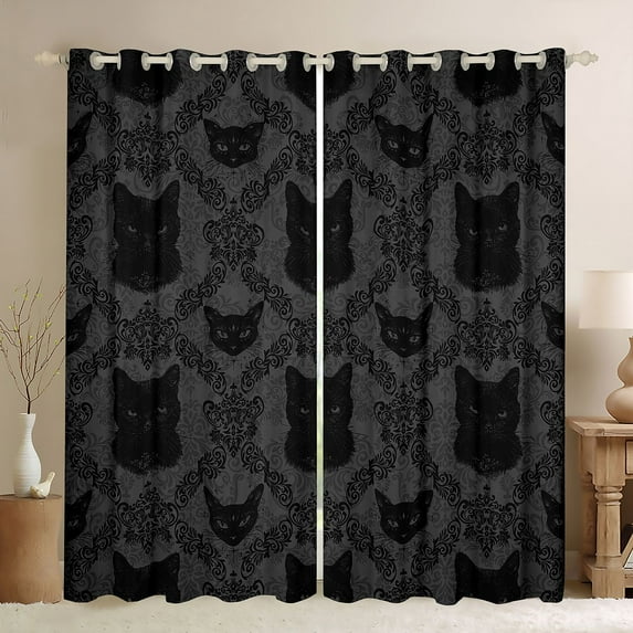Feelyou Black Cat Kitten Black Out Curtains, Damask Flower Print Curtains Pack of 2 (42x63 Each), Bohemian Tribal Animal Bedroom Curtains, Blackout Curtains Room Decor