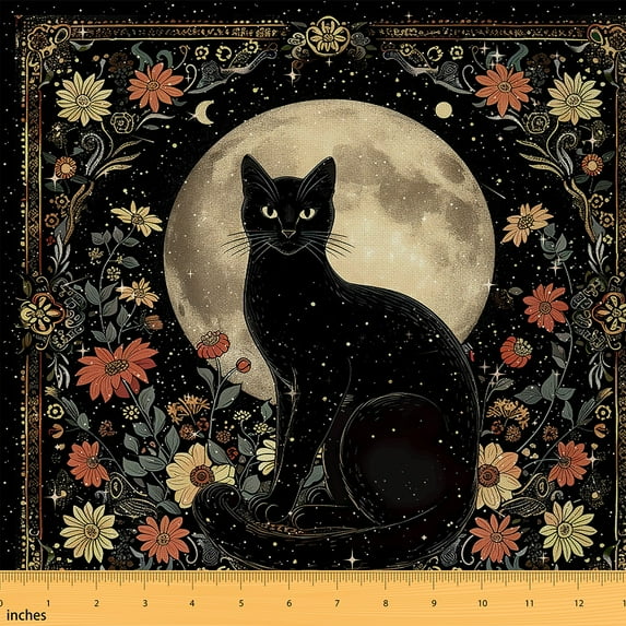 Feelyou Black Cat Teens Fabric by the Yard 5 Yards, Halloween Moon Home Decor Fabric by the Yard, Bohemian Flower Floral Sewing Fabric, Lightweight Room Decor