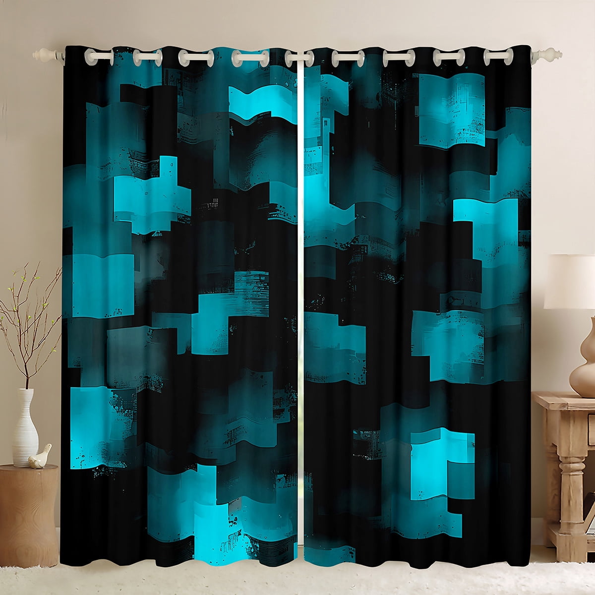 Feelyou Black Cyan Blue Curtains and Drapes, Ombre Plaid Black Out ...