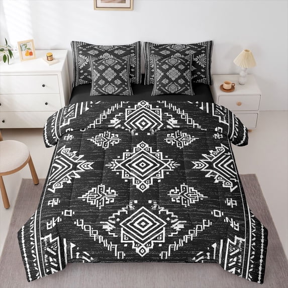 Feelyou Black Damask Flower Comforter Set 7pcs, Retro Western Mandala King Bedding Sets