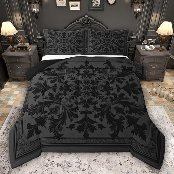 Feelyou Black Damask Flower Queen Comforter Set, Fashion Bedding Comforter Set, 3pcs